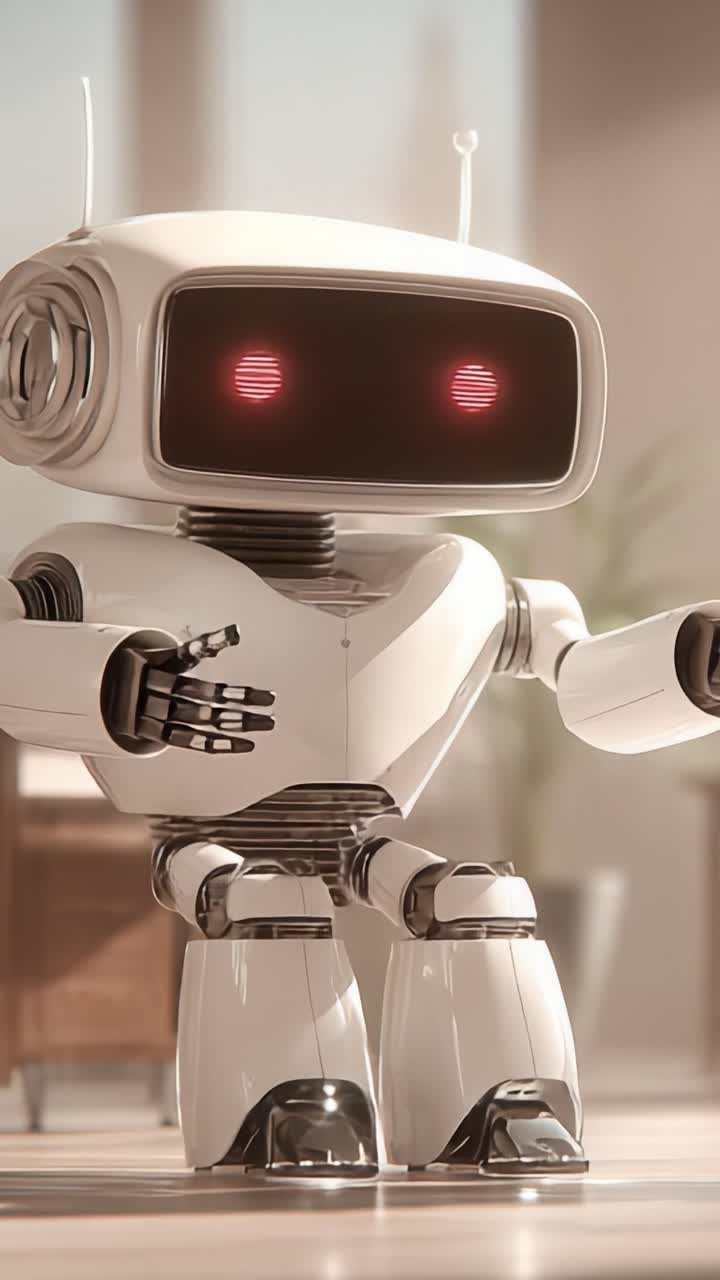 Un robot amichevole con occhi espressivi mostra emozioni mentre è seduto con le mani aperte, ambientato in un ambiente interno accogliente.