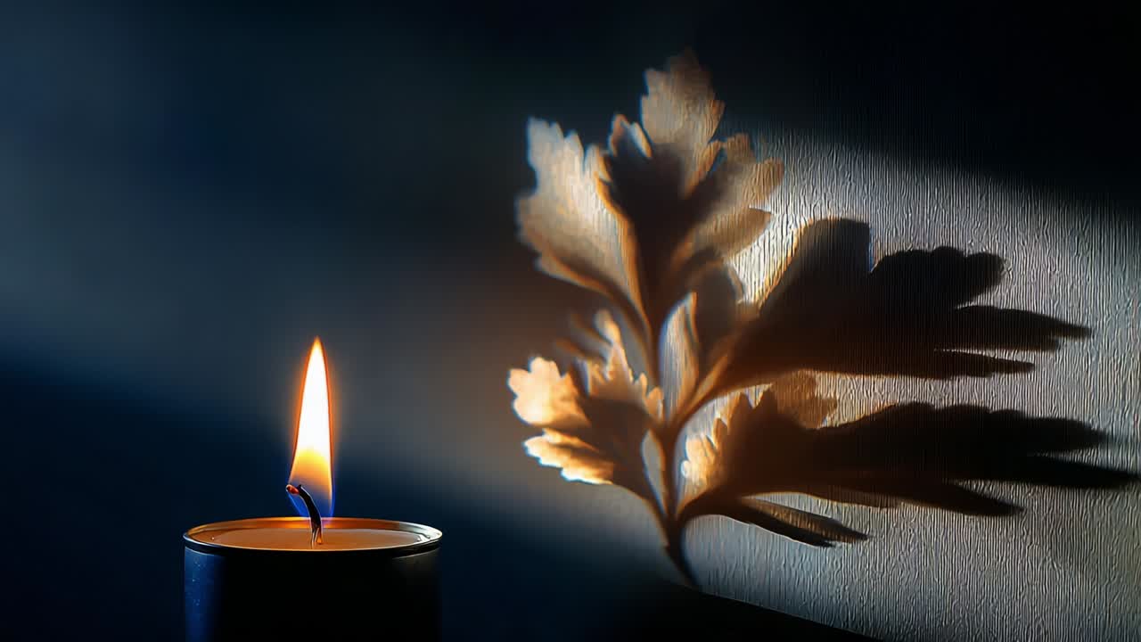 A Captivating Candle Flame Casting Intricate Shadows: The Enchanting Dance of Light and Dark with Delicate Leaves in an Atmospheric Setting, Evoking a Sense of Calm and Reflective Beauty
