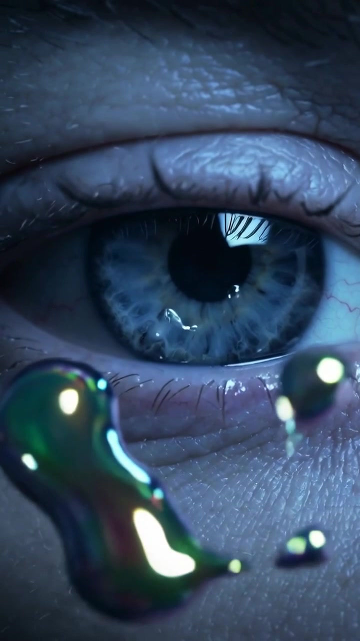 Video verticale: Occhio blu che reagisce chiudendosi mentre goccioline metalliche si avvicinano, in un primo piano in studio.