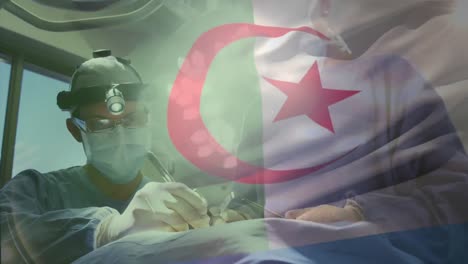 Animation of flag of algeria waving over surgeons in operating theatre
