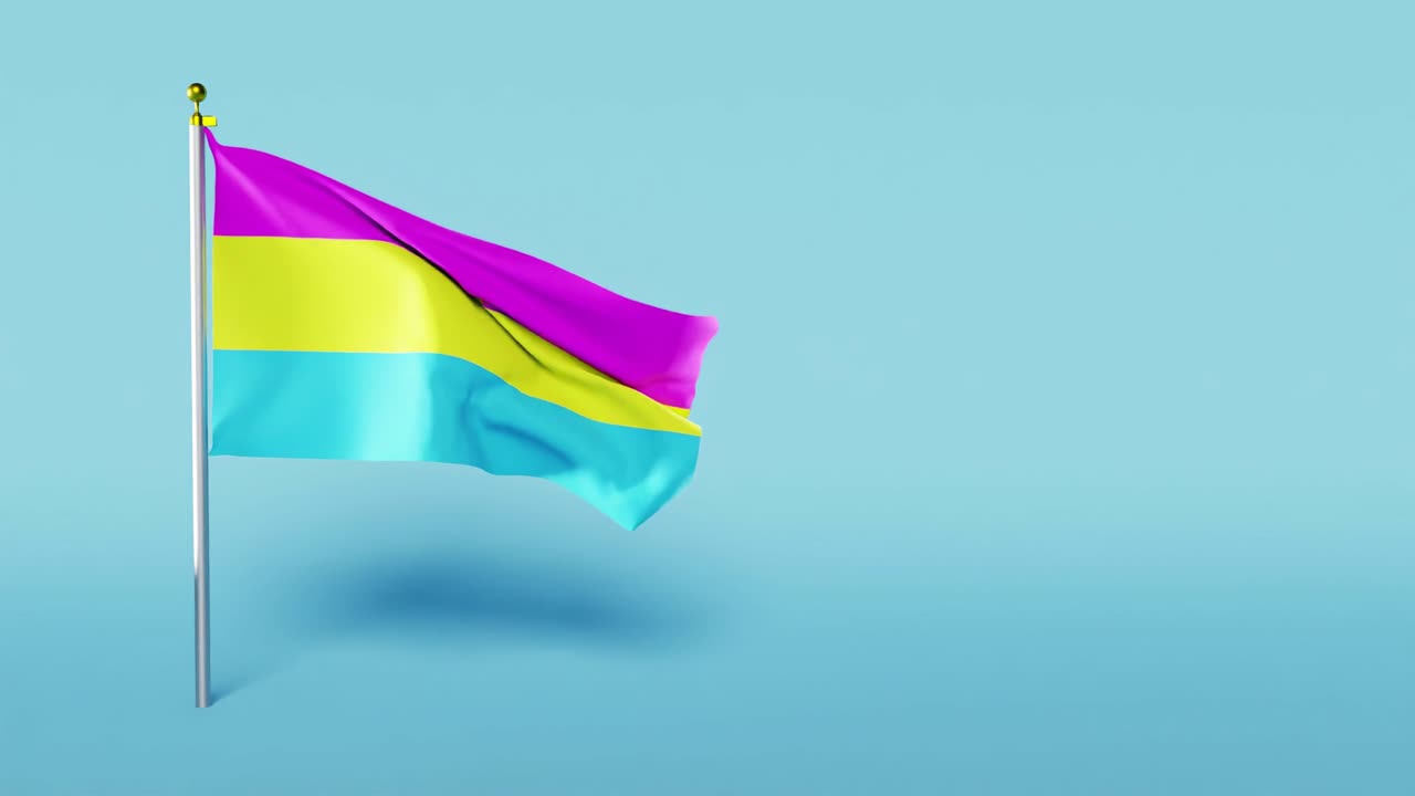 bandera del orgullo pansexual ondeando contra un fondo azul