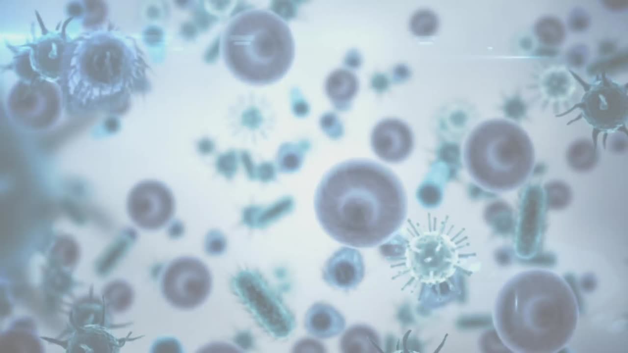 animación de células de virus sobre una mujer caucásica sonriendo