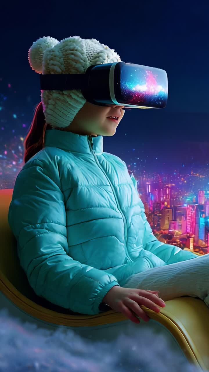 Affascinata dalla realtà virtuale: una giovane ragazza immersa in un mondo incantato con un display montato sulla testa, sullo sfondo di un abbagliante paesaggio urbano, che fonde immaginazione e tecnologia in un ambiente accogliente