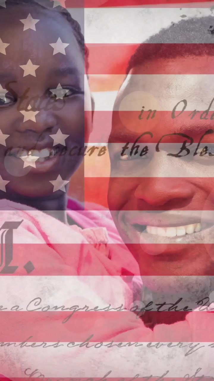 Animation of flag of united states of america over happy african american male soldier with daughter