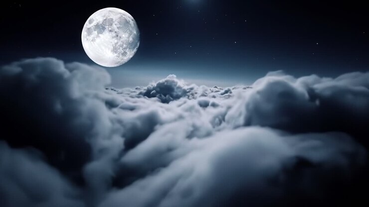 Céu Majestoso Iluminado pela Lua: Uma Jornada Visual Deslumbrante Acima das Nuvens, Capturando a Beleza Etérea da Lua Brilhando sobre um Mar de Paisagens de Nuvens Suaves e Oníricas