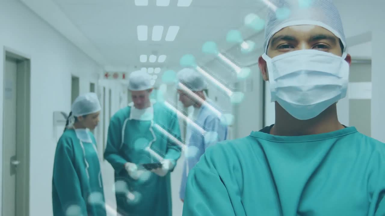 animación de una cadena de adn girando sobre un cirujano con una máscara facial