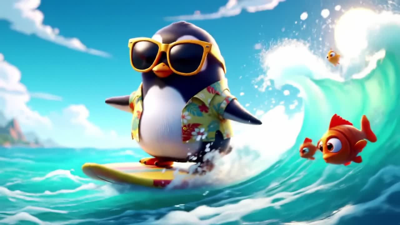 A Cool Penguin in Sunglasses Rides the Waves on a Surfboard Alongside Playful Fish in a Vibrant Ocean Scene, Showcasing Fun and Adventure Under the Sun