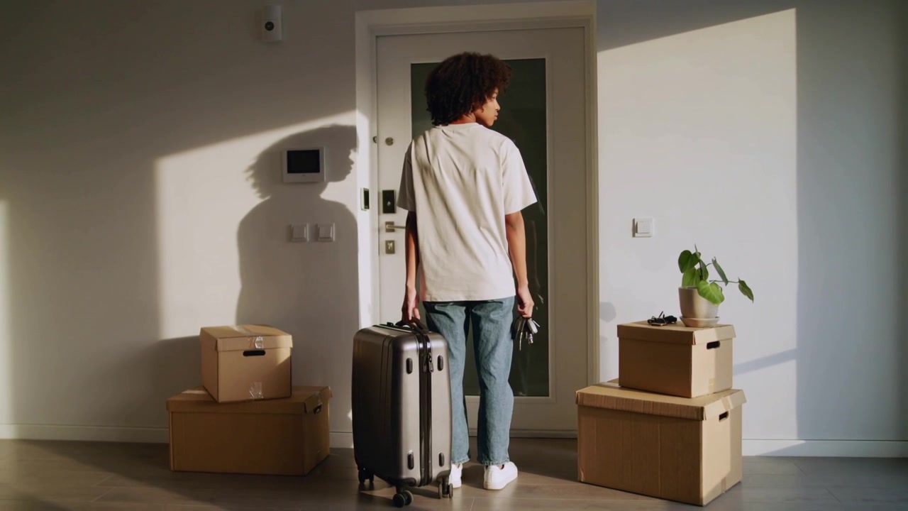 Standing man in jeans holding keys and suitcase, pausing before unlocking door in foyer amid boxes
