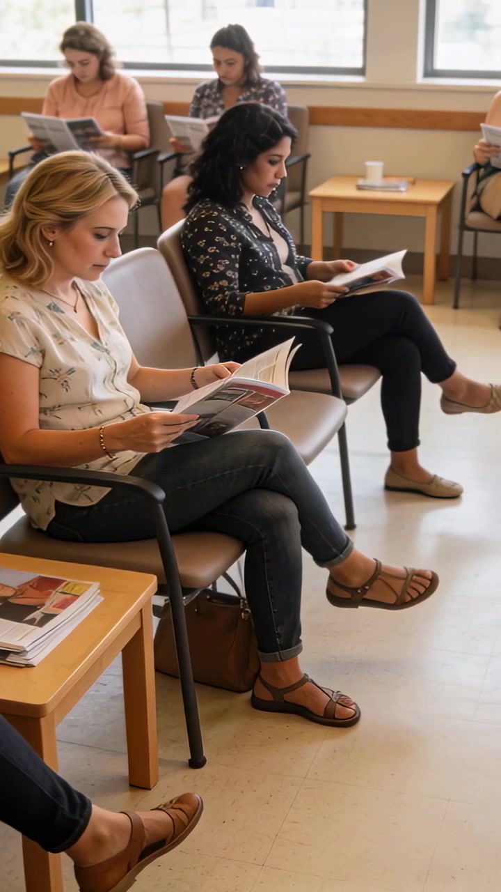 Video verticale: Panoramica della telecamera, due donne leggono riviste in clinica, in attesa di un appuntamento.