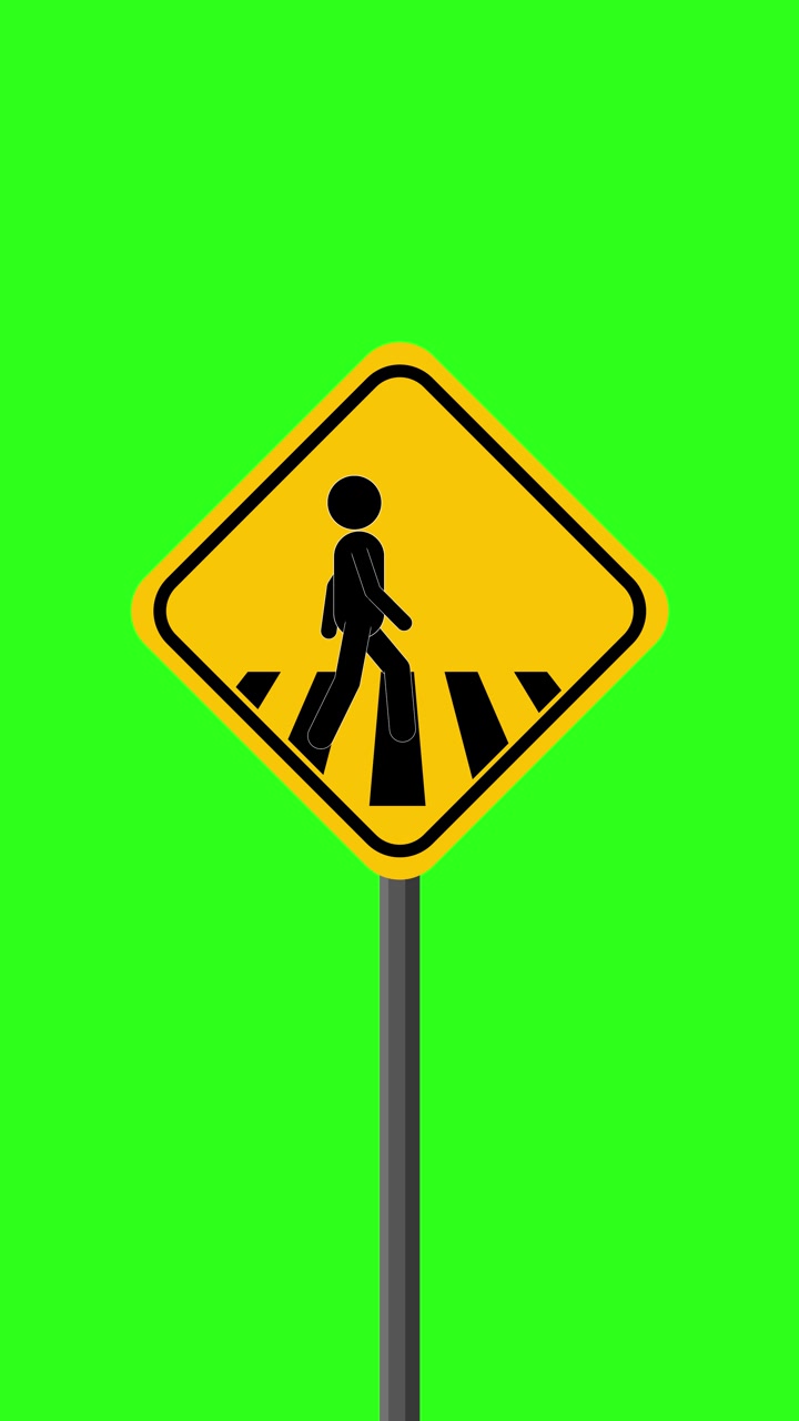 Animated Pedestrian Crossing Road Sign on Green Screen