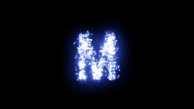 Lettera M luminosa con stelle scintillanti su sfondo trasparente