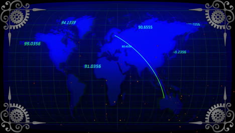 animation showing world map with numerical data and curved connection lines