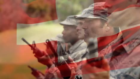 animation of flag of switzerland over diverse male soldiers with weapons