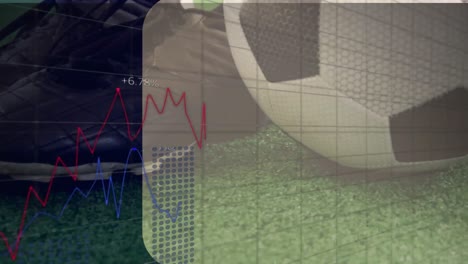Animation-of-statistical-data-processing-against-close-up-of-soccer-ball-and-cleats-on-grass-field