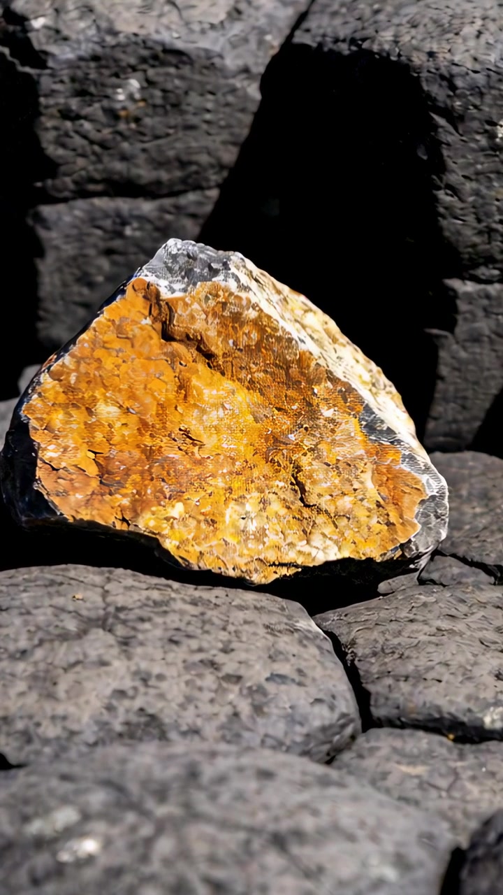 Vertical video: Zooming camera focusing on orange rock on dark hex pavers, revealing textured crust