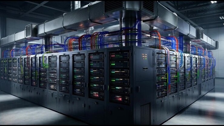 Modern Data Center Server Room with Glowing Indicator Lights