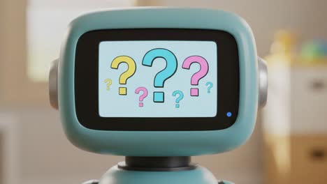 curious robot displaying colorful question marks on screen, engaging viewers with its inquisitive design and playful features in a cheerful environment