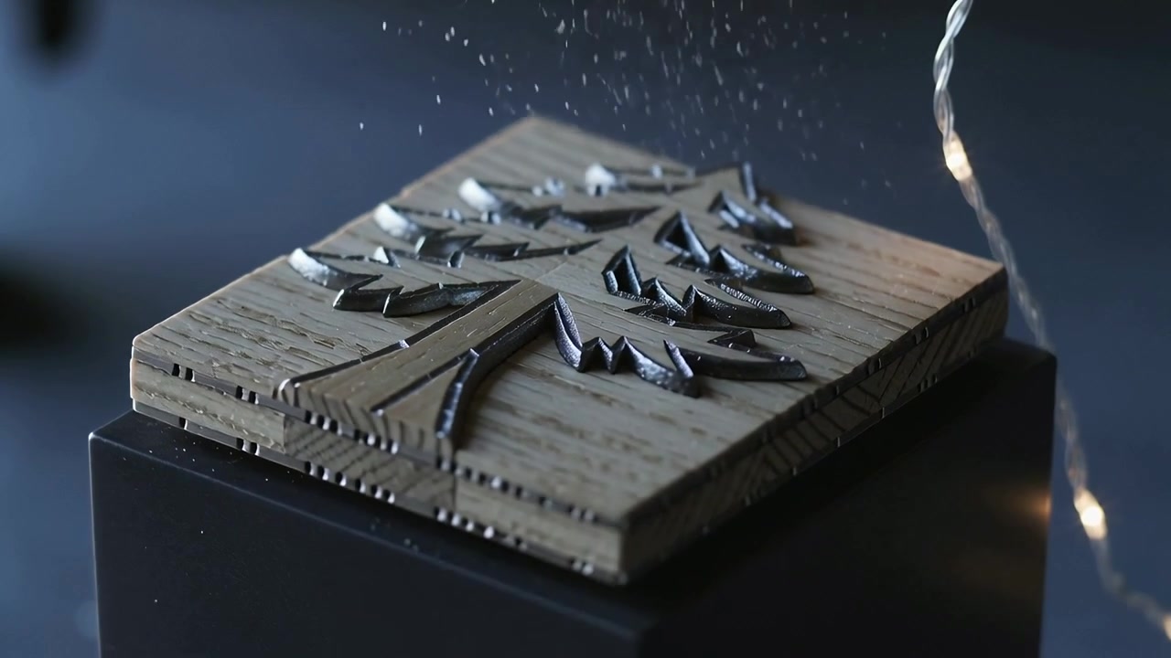 Particles falling striking tile raised tree inlay on block creating light scatter with fairy lights