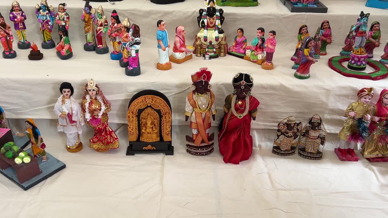 Dussehra or Dasara festival home celebration with a variety of wooden toys arranged on a theme basis