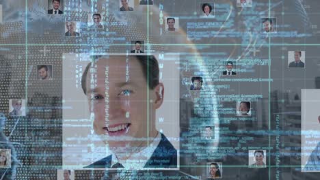 animación del procesamiento de datos en todo el mundo y red de fotos de hombres y mujeres de negocios