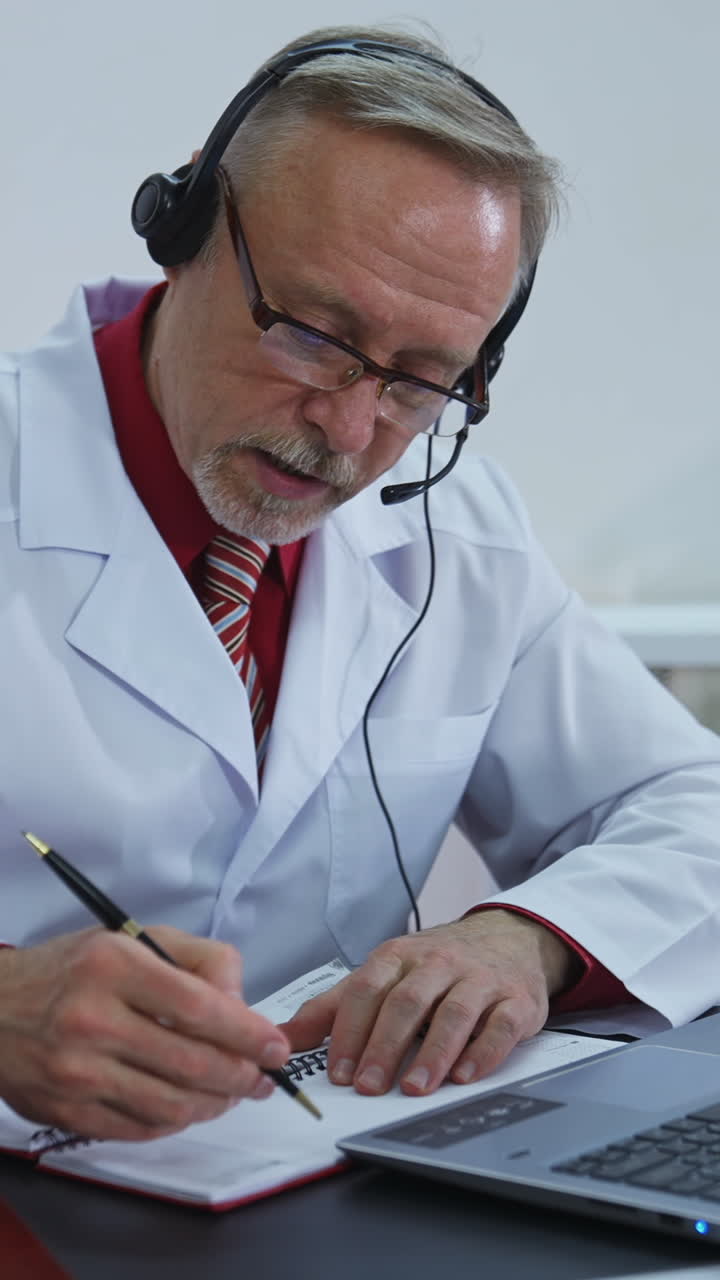 Remote medicine. Senior male specialist giving a consultation to a patient through video call. Medical specialist in headphones talking and writing treatment. Vertical video