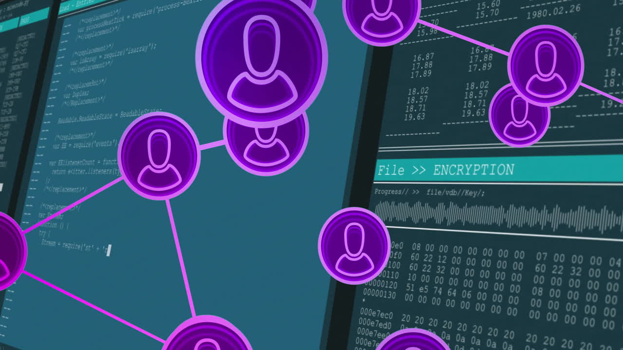 animación de la red de iconos de usuario y proceso de cifrado a través de código informático