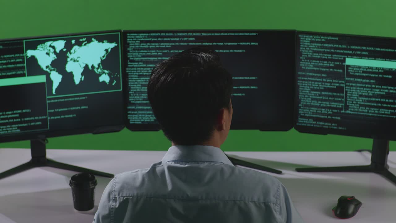 피곤한 아시아인 개발자가 잠자리에 들기 전에 녹색 스크린 스튜디오에서 여러 컴퓨터 스크린으로 코드를 작성하는 동안 는 모습