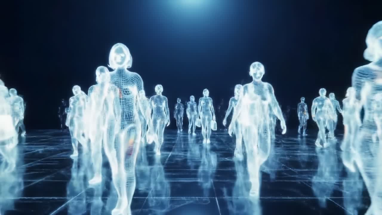 A Futuristic Gathering of Transparent Digital Figures Walking Through a High-Tech Environment, Blurring the Lines Between Reality and Virtual Existence