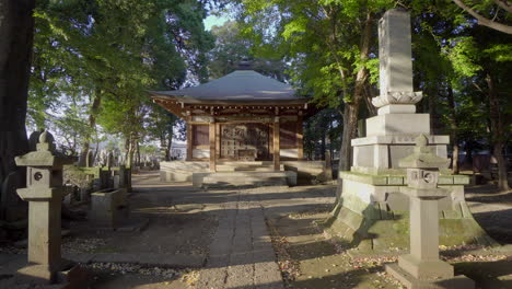 This-Buddhist-temple-in-Tokyo-has-a-large-path-surrounded-by-stone-lamps,-at-night-they-hang-candles,-thus-giving-a-very-sacred-and-mysterious-atmosphere