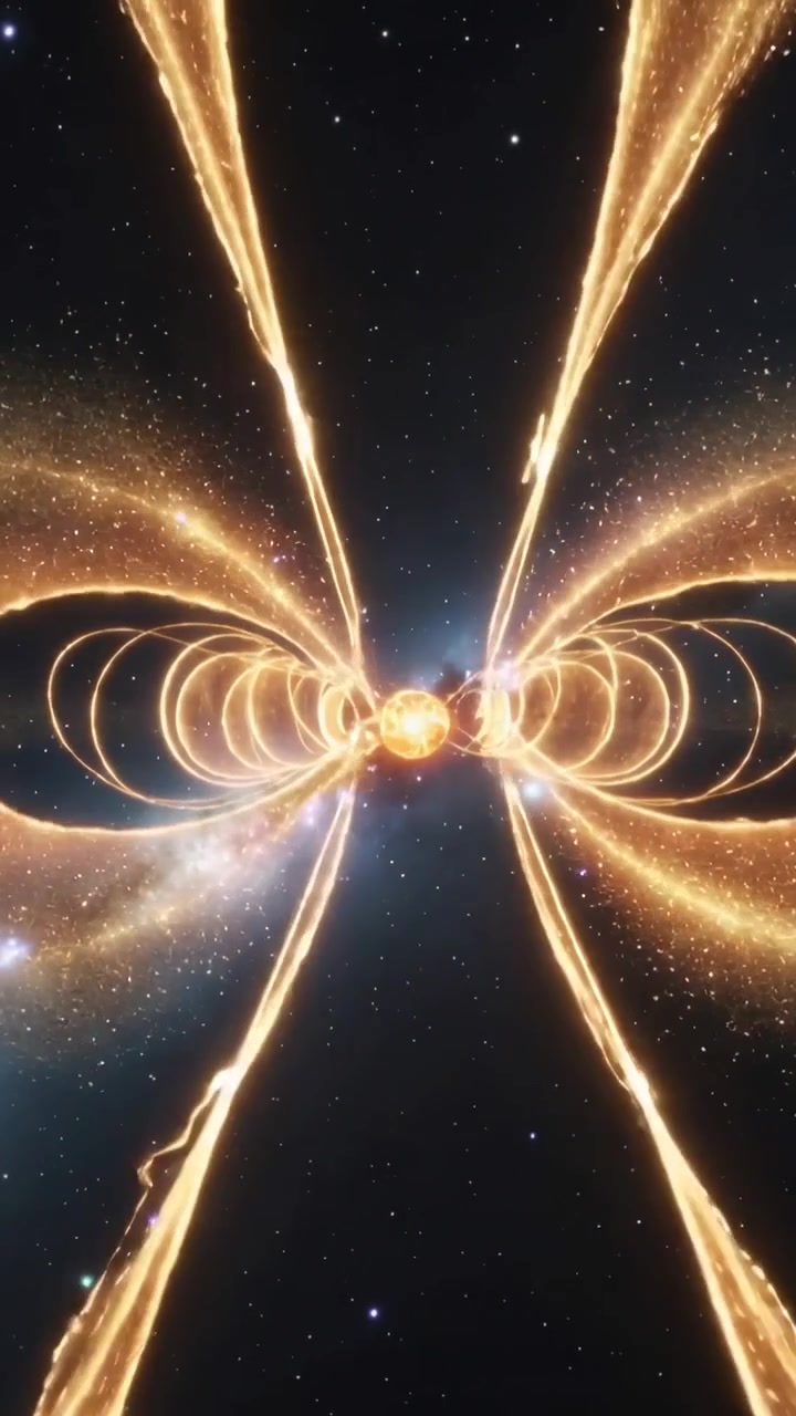 Video verticale: Telecamera che si allontana, nucleo dorato che forma anelli ed emette getti in una nebulosa.