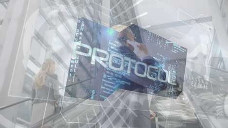 Business colleagues ascending escalator in atrium, showing smartphone data and floating graphics