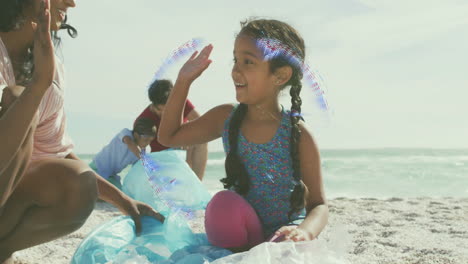 high-fiving on beach, child with braids over glowing blue wave animation