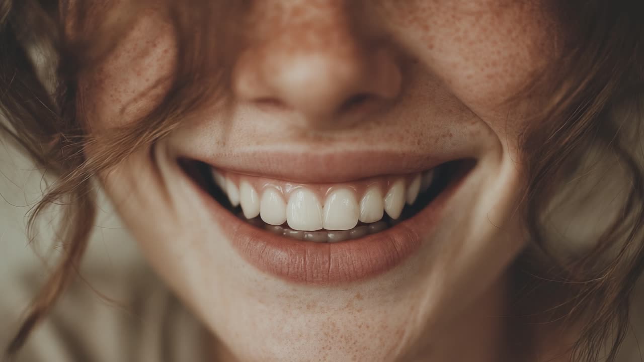 A Close-Up of a Beautiful Smiling Face with Freckles and Natural Expression, Highlighting the Joy and Delight Found in Everyday Moments