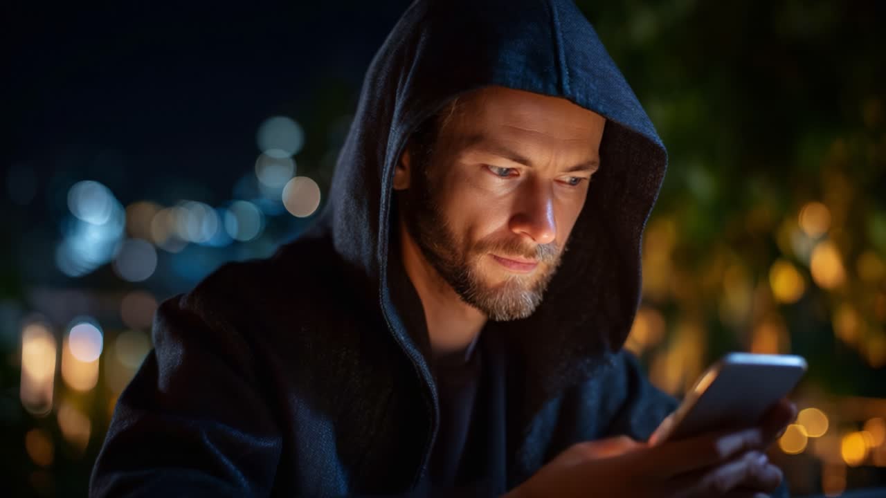 Un individuo concentrato con una felpa con cappuccio che guarda attentamente lo schermo di uno smartphone di notte, immerso in un'esperienza digitale sullo sfondo sfocato di una città