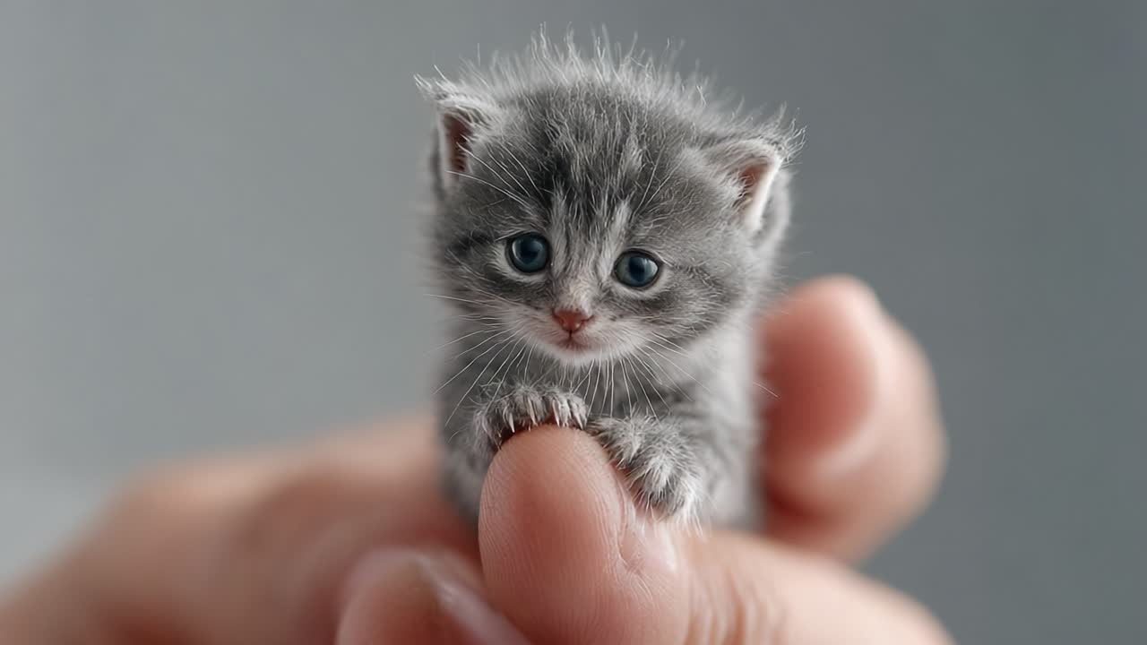 Adorable Gray Kitten Sitting on a Finger, Capturing a Heartwarming Moment of Connection with Its Human Guardian in a Softly Lit Environment