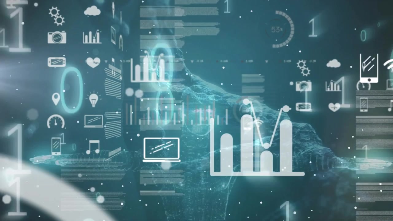 Digital Human Silhouette with Floating Data and Technology Icons