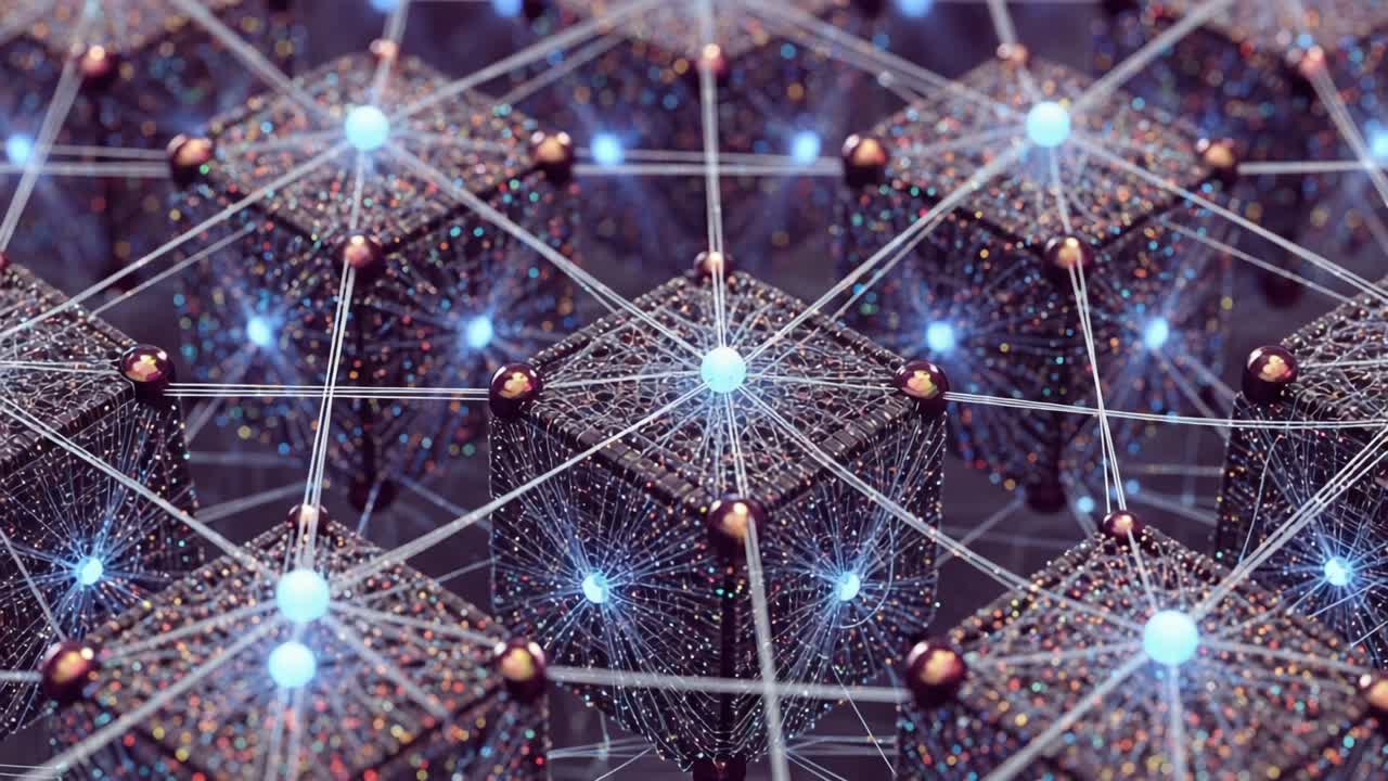 An Intricate Network of Interconnected Cubes Illuminating the Depths of a Digital Universe Showcasing Particle Dynamics and Structural Interplay Among Elements