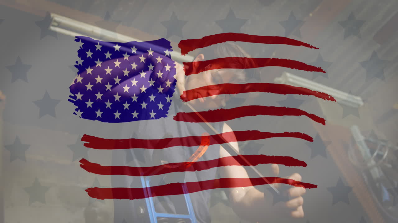 Animazione della bandiera americana che sventola su un uomo sullo sfondo
