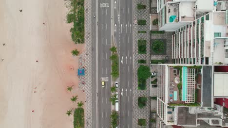 Topdown-view-along-Ipanema-Promenade-with-picturesque-sidewalk-design,-Ro-de-Janeiro