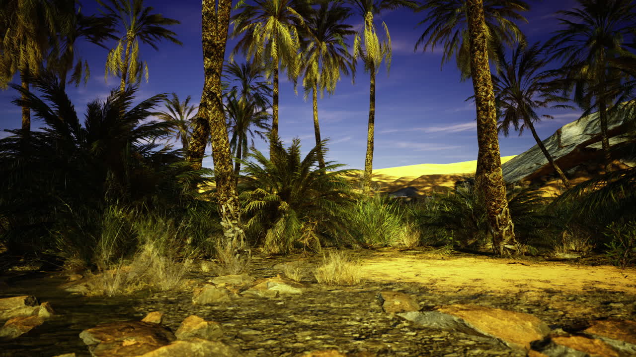 Lush oasis surrounded by palm trees in a desert landscape under twilight sky