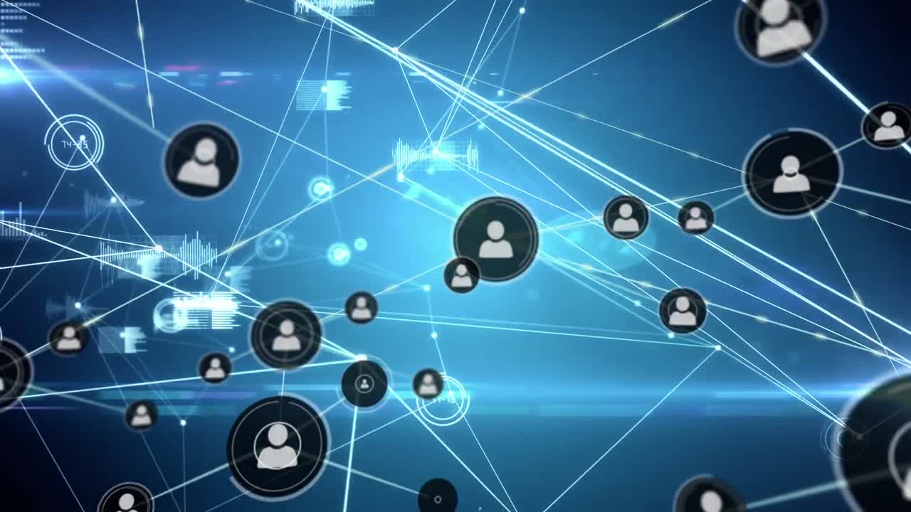 Animazione di reti di connessioni con icone su sfondo nero