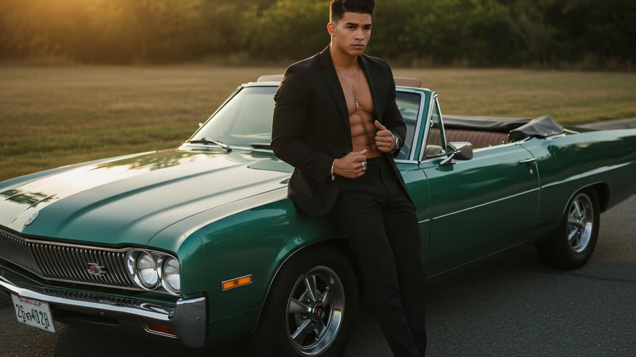 A confident young man poses in a stylish attire next to a classic green convertible car, showcasing his physique and the vintage automobile's elegance at sunset.