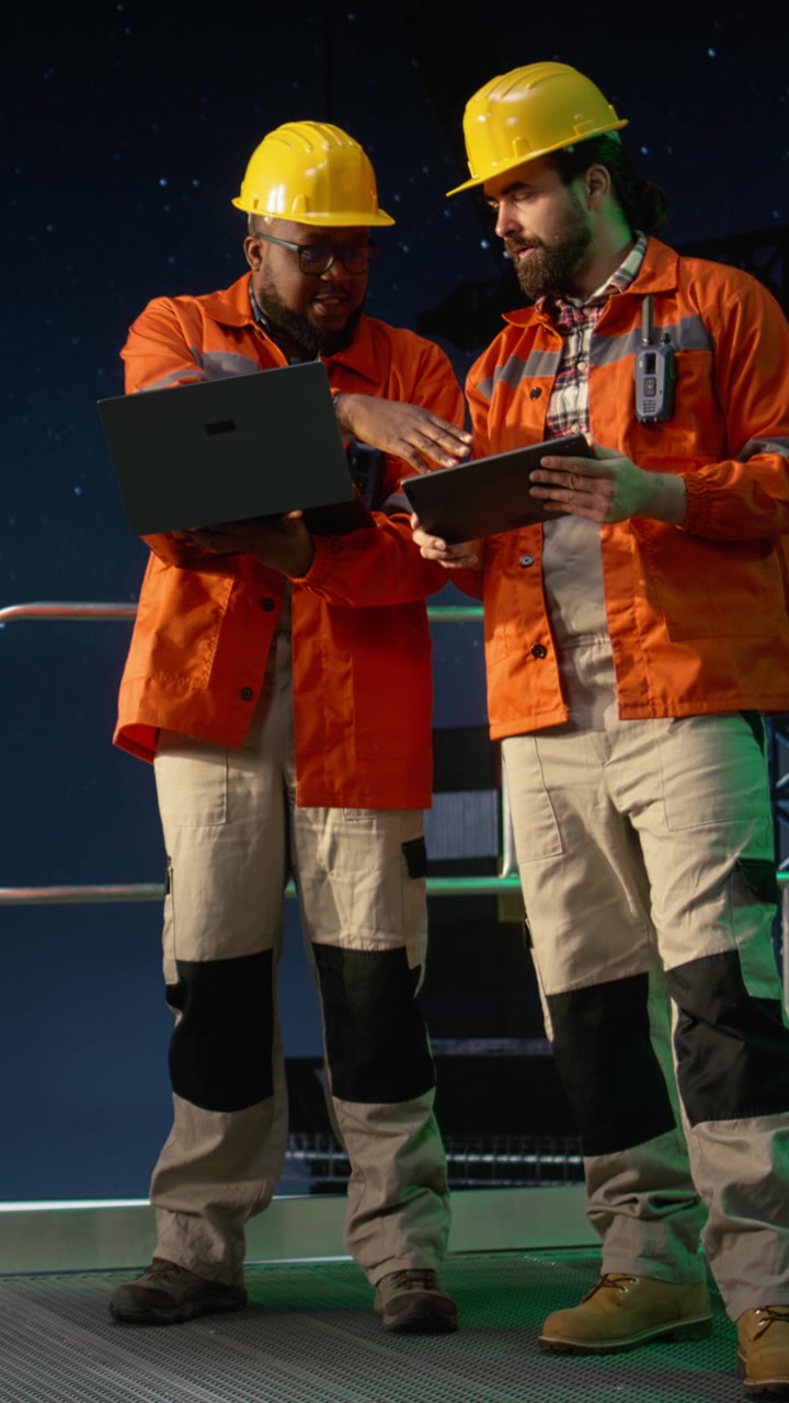 Vertical video Monitoring fuel shortages, embargo and smiling offshore platform coworkers
