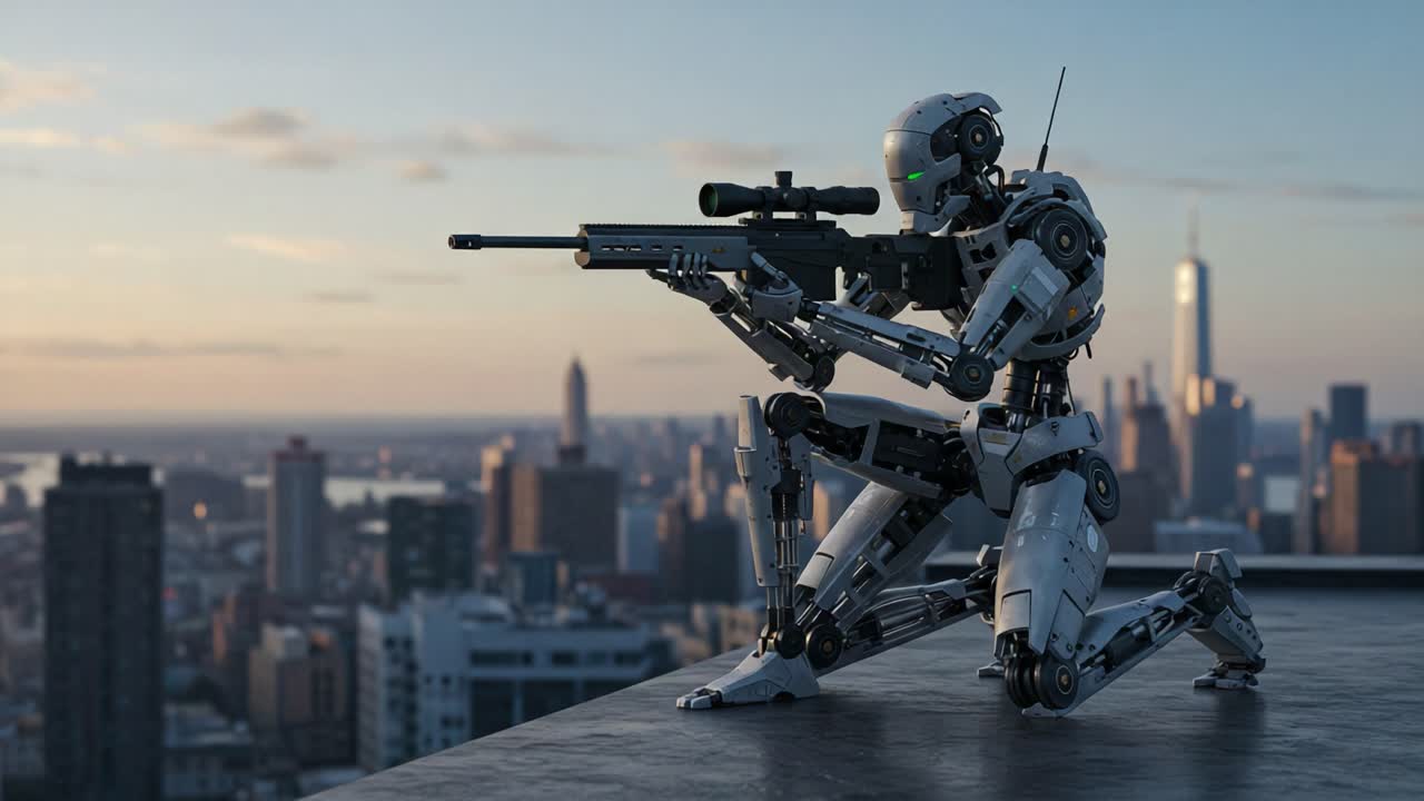A Futuristic Robot Marksman Vigilantly Observes the Cityscape from a High Rooftop, Ready for Action with Advanced Weaponry in a Dusk Setting