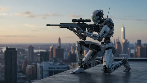 A Futuristic Robot Marksman Vigilantly Observes the Cityscape from a High Rooftop, Ready for Action with Advanced Weaponry in a Dusk Setting