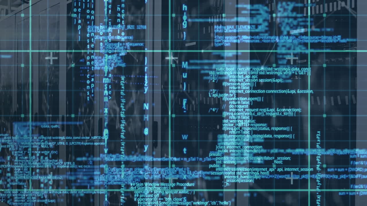 Animation of data processing in blue over servers