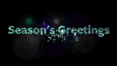 animation of season's greetings text over shapes and fireworks on black backrgound