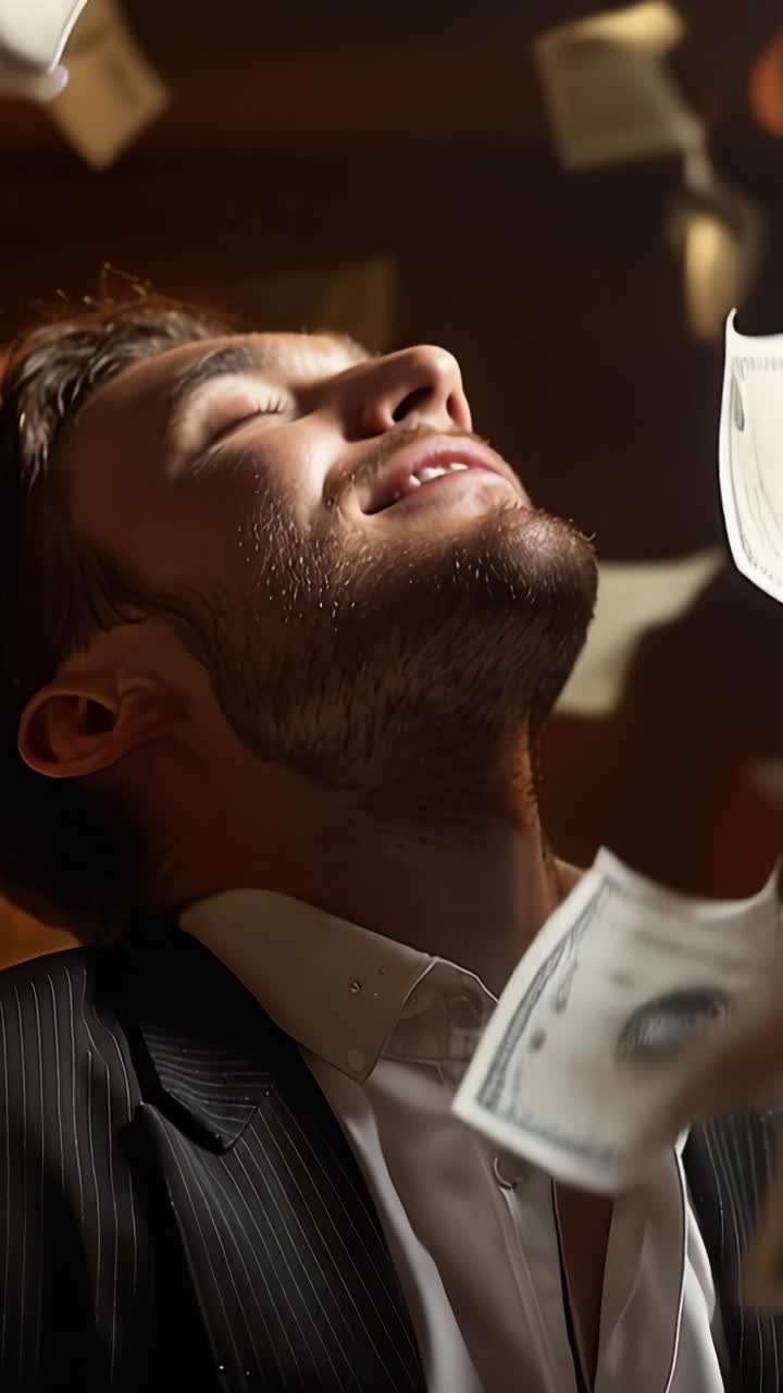 Un viaggio affascinante di gioia e successo: Un uomo celebra ricchezza e felicità con un sorriso appagato, su uno sfondo vivido di lusso e opulenza.