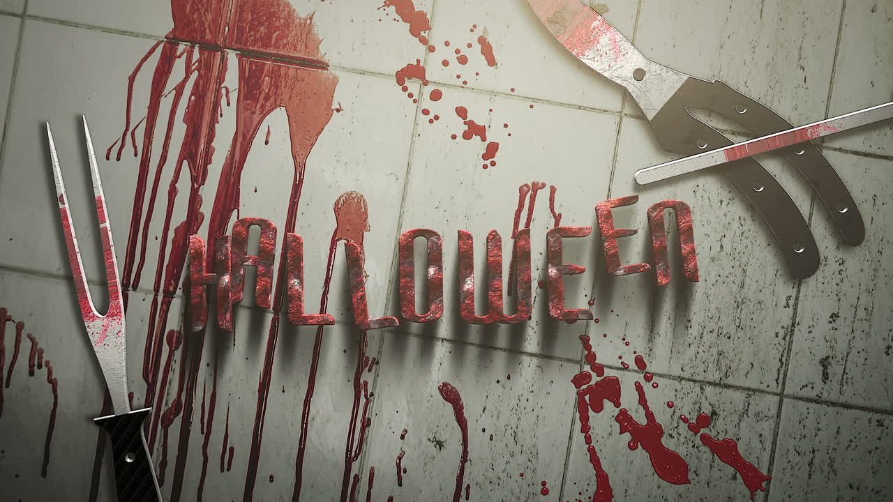 halloween con sangre roja e instrumentos médicos en la pared