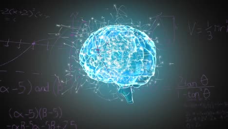 animación de ecuaciones matemáticas sobre el icono del cerebro humano giratorio contra un fondo negro